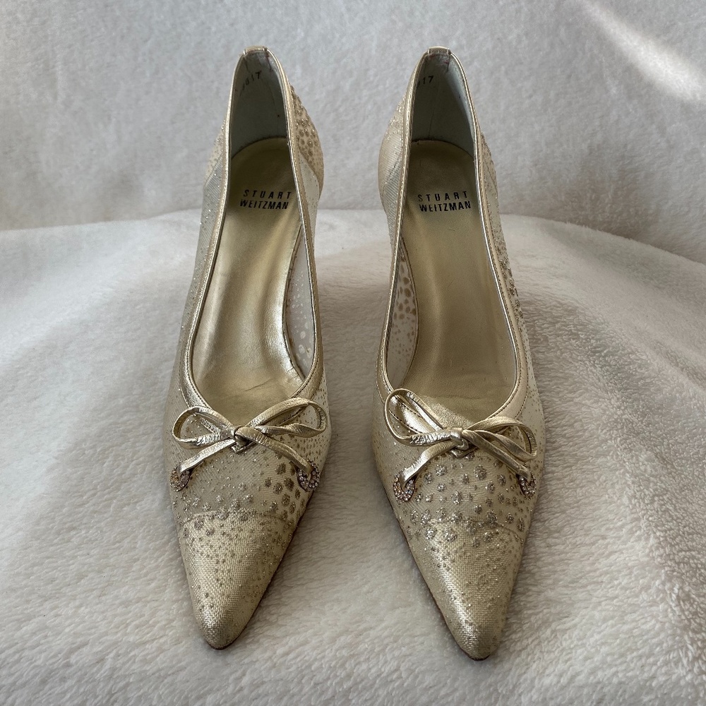 Stuart Weitzman mesh leather gold glitter